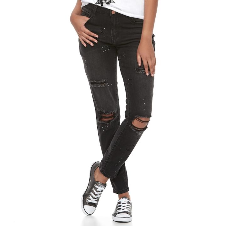 Juniors' Almost Famous Paint Splatter Ripped Skinny Jeans, Teens, Size: 7, Black