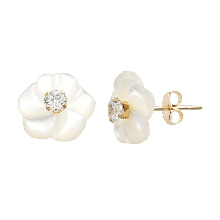 10k Gold Cubic Zirconia & Mother-of-pearl Floral Stud Earrings, Women's, White