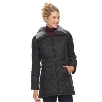 Women's Weathercast Faux Fur Trim Ribbed Knit Sleeve City Walker Jacket, Size: Xl, Black