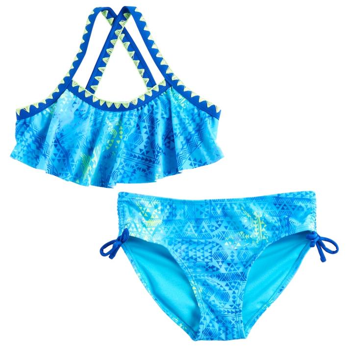 Girls 7-16 So&reg; Tie-dye Tribal Pattern Criss-cross Strap Bikini Top & Bottoms Swimsuit Set, Size: 10, Blue