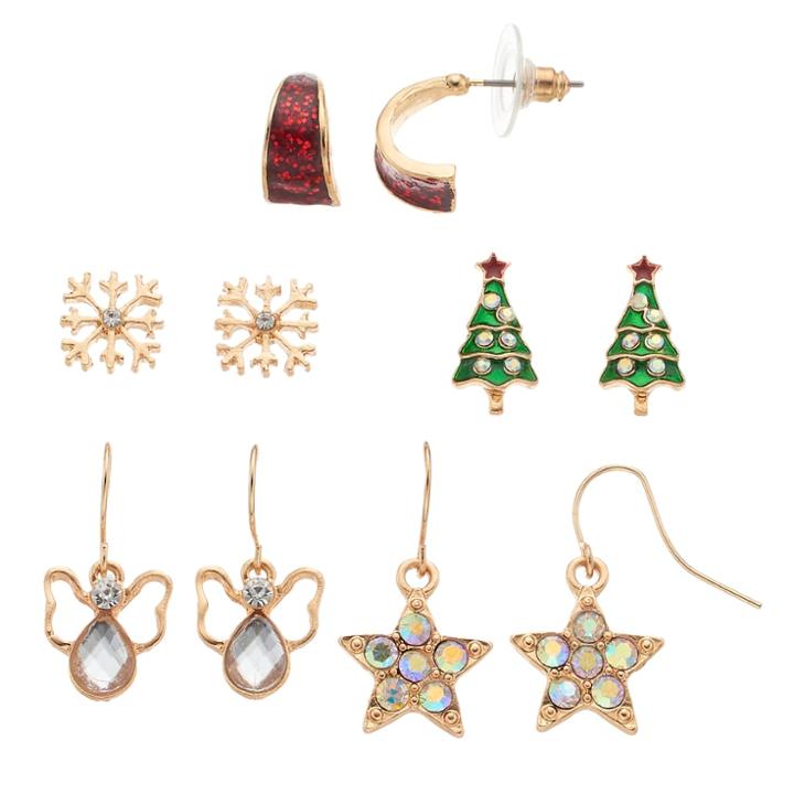 Christmas Tree, Snowflake, Angel & Star Nickel Free Drop Earring Set, Teens, Multicolor
