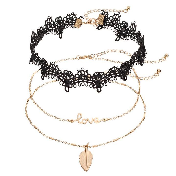 Leaf Pendant, Love & Lace Choker Necklace Set, Women's, Black