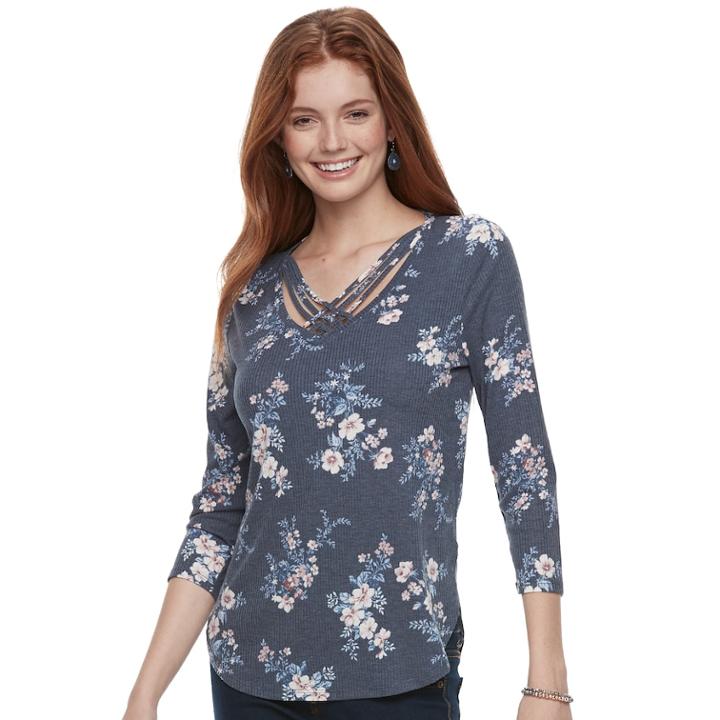 Juniors' Cloud Chaser Floral Cross Front Tee, Teens, Size: Xs, Blue (navy)