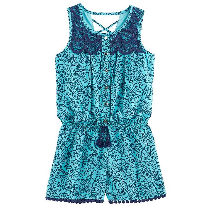 Girls 7-16 My Michelle Patterned Lace Front Romper, Size: Xl, Green Oth