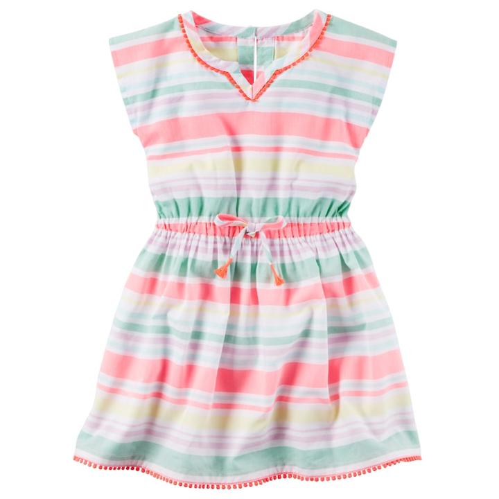 Girls 4-8 Carter's Pom-pom Trim Striped Woven Dress, Size: 6, Blue (wash)
