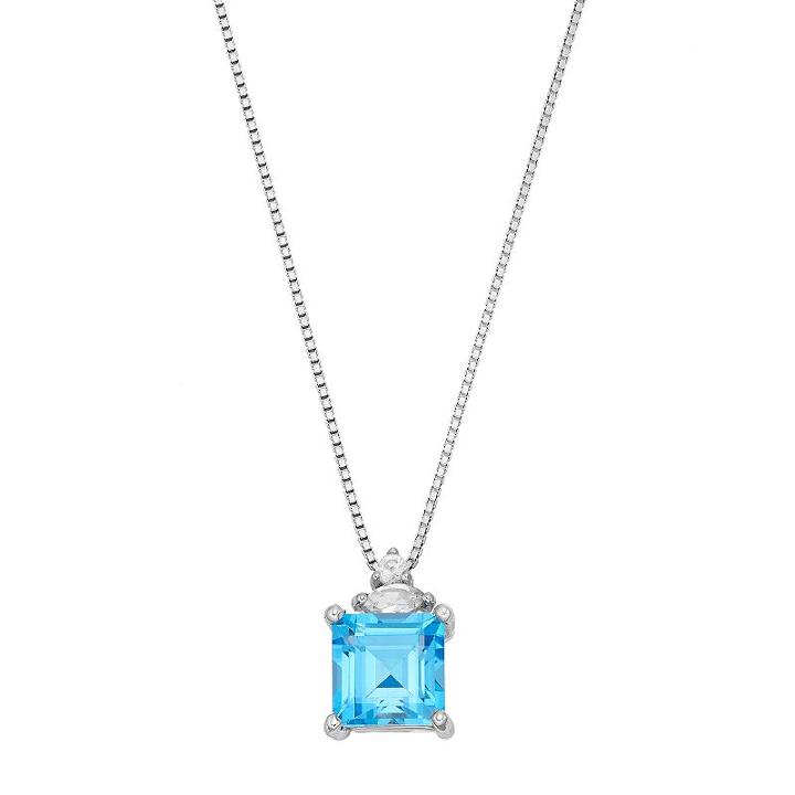 Sterling Silver Blue & White Topaz Square Pendant Necklace, Women's, Size: 18