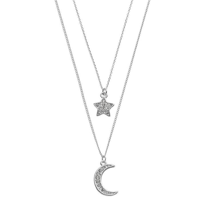 Star & Crescent Charm Double Strand Necklace, Women's, Silver