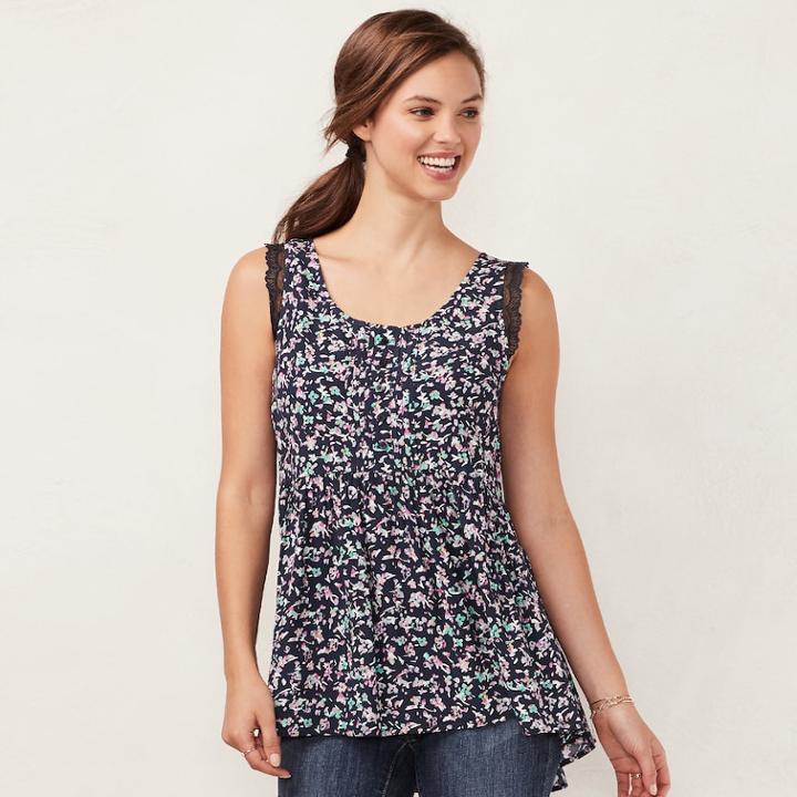 Women's Lc Lauren Conrad Print Lace-trim Tunic Tank, Size: Small, Blue (navy)
