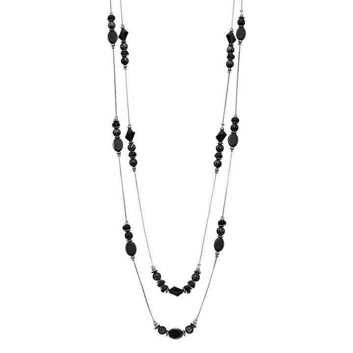 Black Beaded Long Double Strand Station Necklace, Women's