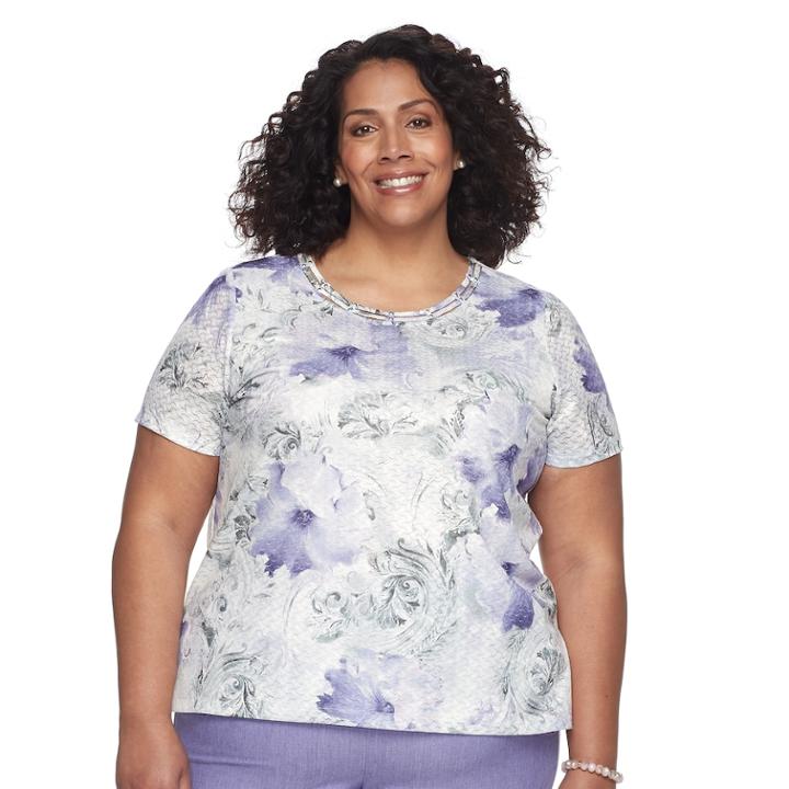 Plus Size Alfred Dunner Studio Floral Basketweave Top, Women's, Size: 3xl, Gray Purple Flowers