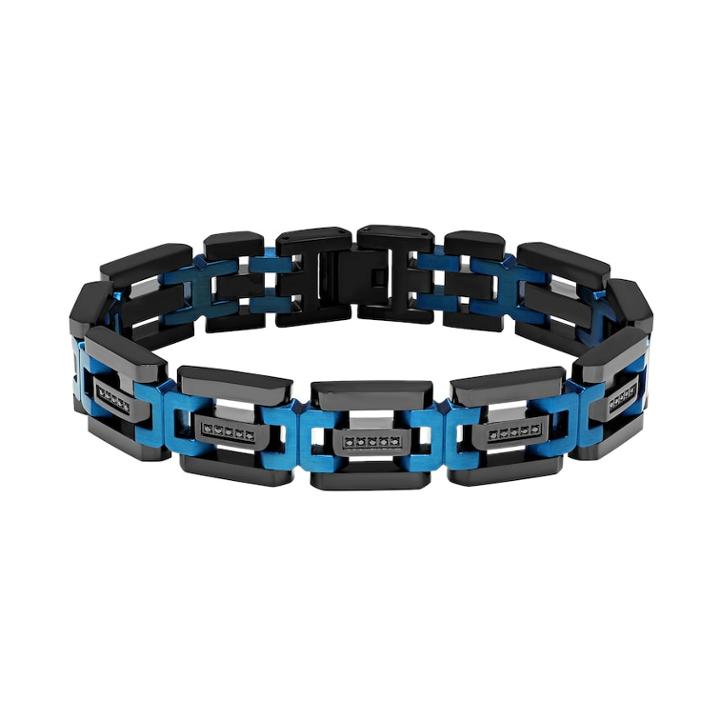 Men's Black & Blue Ion-plated Stainless Steel Bracelet, Size: 8.5