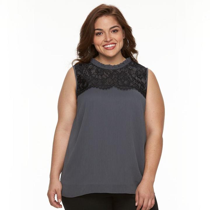 Plus Size Ab Studio Lace-trim Yoryu Tank, Women's, Size: 2xl, Dark Grey