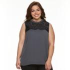 Plus Size Ab Studio Lace-trim Yoryu Tank, Women's, Size: 2xl, Dark Grey