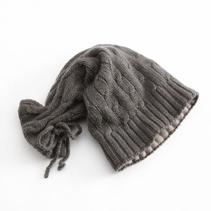 Sijjl Tie-top Floppy Long Wool Beanie, Women's, Grey