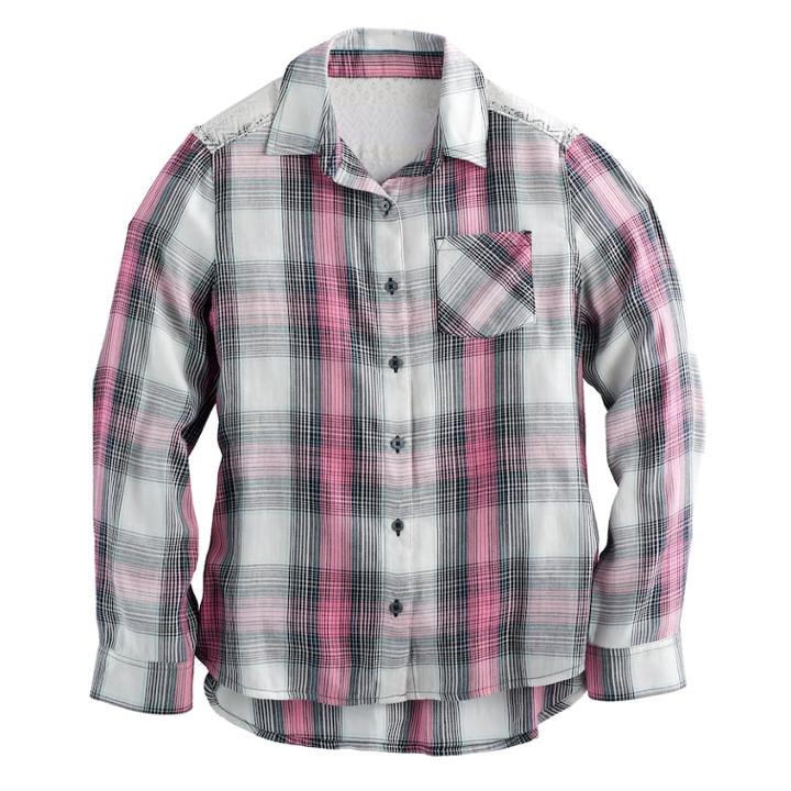 Girls 7-16 Mudd® Lace Back Yoke Plaid Button-down Shirt, Size: 7-8, Black