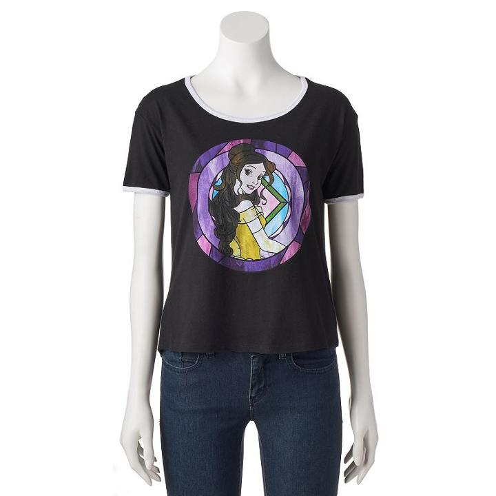 Disney's Beauty And The Beast Juniors' Stained Glass Belle Ringer Graphic Tee, Girl's, Size: Medium, Black