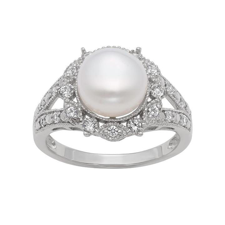 Sterling Silver Freshwater Cultured Pearl And Lab-created White Sapphire Ring, Women's, Size: 9