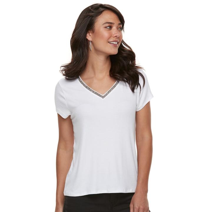 Women's Jennifer Lopez Embellished V-neck Tee, Size: Xl, White