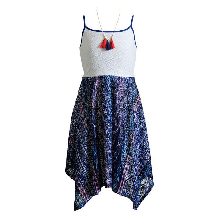 Girls 7-16 Emily West Printed Skirt Handkerchief Hem Dress With Tassel Necklace, Girl's, Size: 12, Blue
