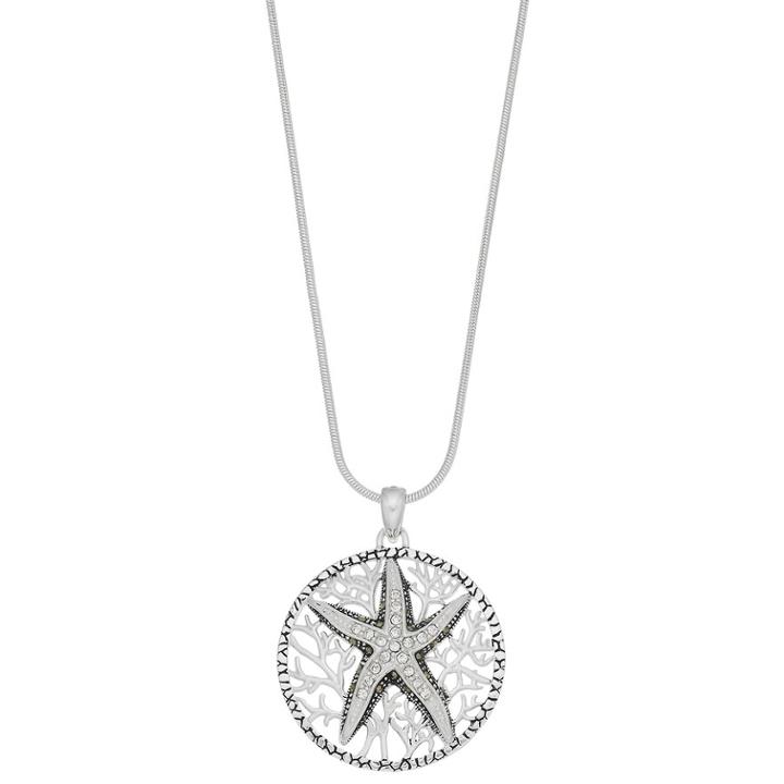 Marcasite Crystal Round Starfish Pendant Necklace, Women's, Black