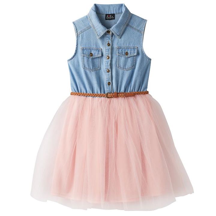 Girls 7-16 Lilt Denim Mesh Tulle Belted Shirtdress, Girl's, Size: 14, Med Blue
