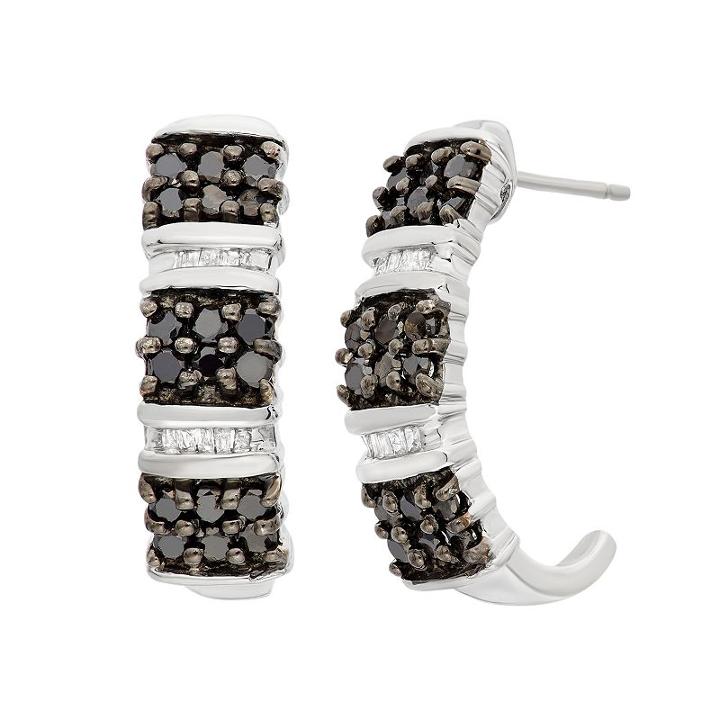 1 Carat T.w. Black And White Diamond Sterling Silver J-hoop Earrings, Women's