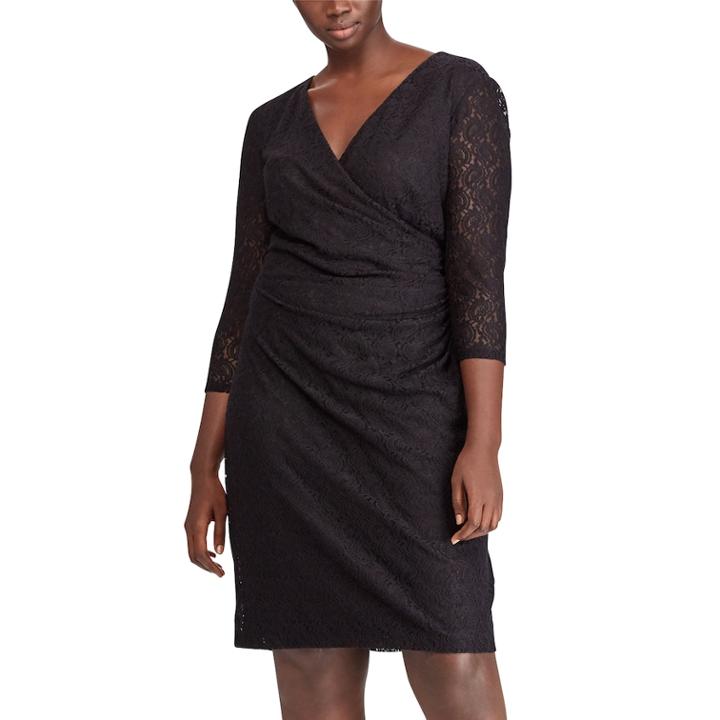 Plus Size Chaps Lace Surplice Faux-wrap Dress, Women's, Size: 18 W, Black