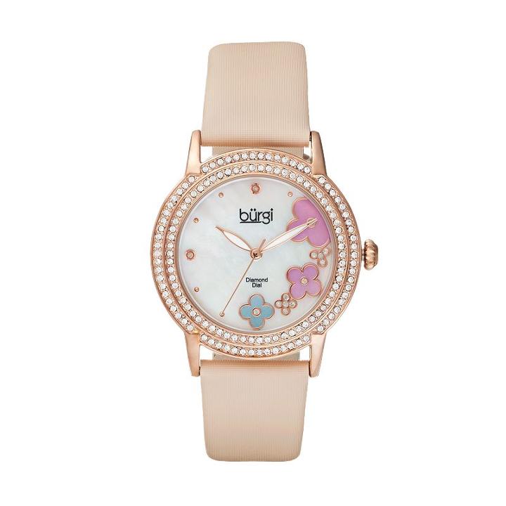 Burgi Women's Floral Diamond & Crystal Leather Swiss Watch, Adult Unisex, Pink