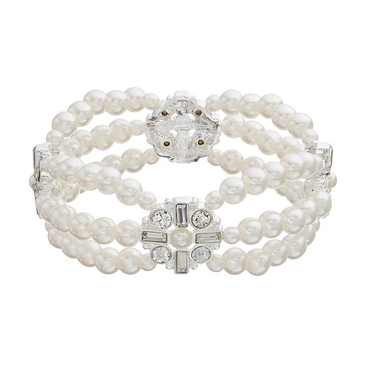 Simulated Pearl Medallion Multi Strand Stretch Bracelet, Women's, White