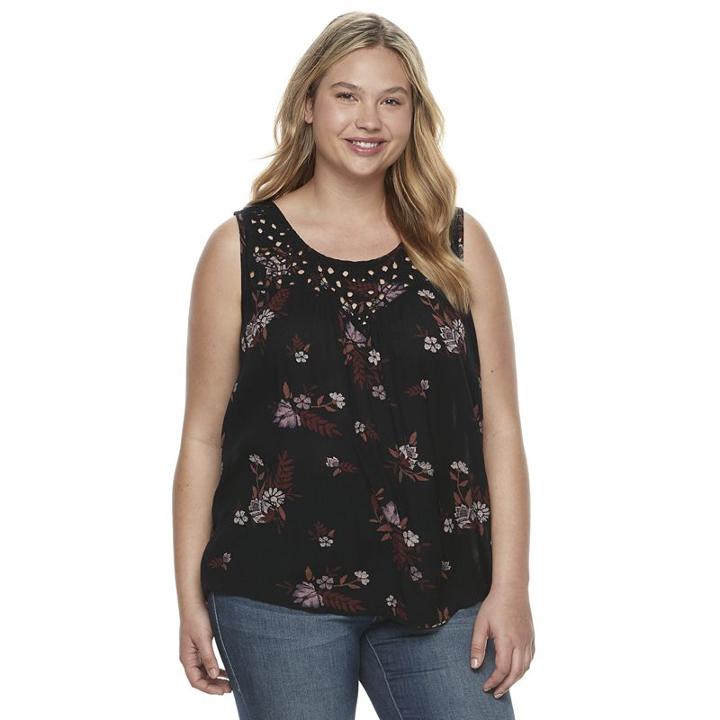 Juniors' Plus Size Mudd&reg; Embroidered Yoke Tank, Girl's, Size: 2xl, Black