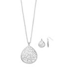 Filigree Teardrop Pendant Necklace & Drop Earring Set, Women's, Silver