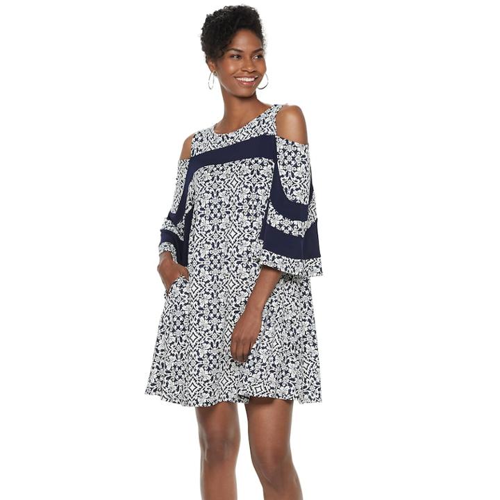 Women's Nina Leonard Print Cold-shoulder Swing Dress, Size: Medium, Blue (navy)