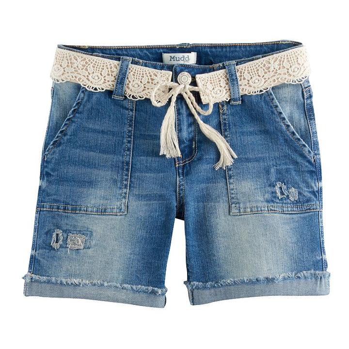 Girls 7-16 & Plus Size Mudd&reg; Crochet Belted Dark Wash Denim Midi Shorts, Girl's, Size: 14, Blue