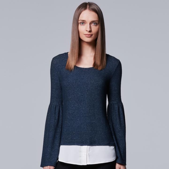 Petite Simply Vera Vera Wang Mock-layer Bell Top, Women's, Size: Xl Petite, Blue