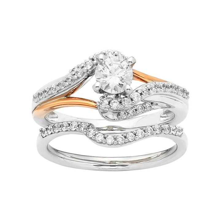 Two Tone 14k Gold 7/8 Carat T.w. Igl Certified Diamond Bypass Engagement Ring Set, Women's, Size: 7.50, White