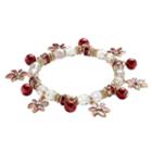 Gold Tone Simulated Crystal Poinsettia Charm And Bead Stretch Bracelet, Women's, Multicolor