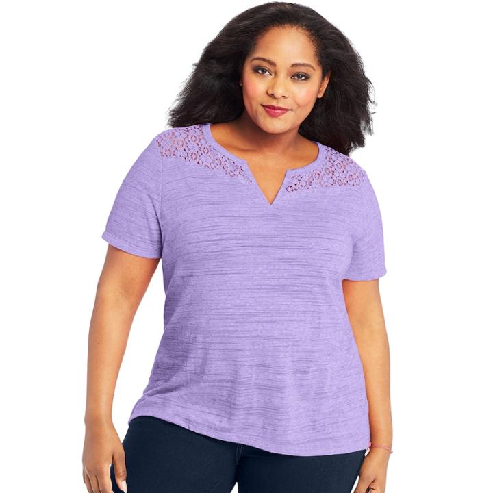 Plus Size Just My Size Lace Inset Slub Peasant Top, Women's, Size: 1xl, Drk Purple
