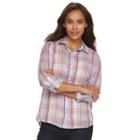 Women's Caribbean Joe Plaid Roll-tab Shirt, Size: Medium, Pink Other