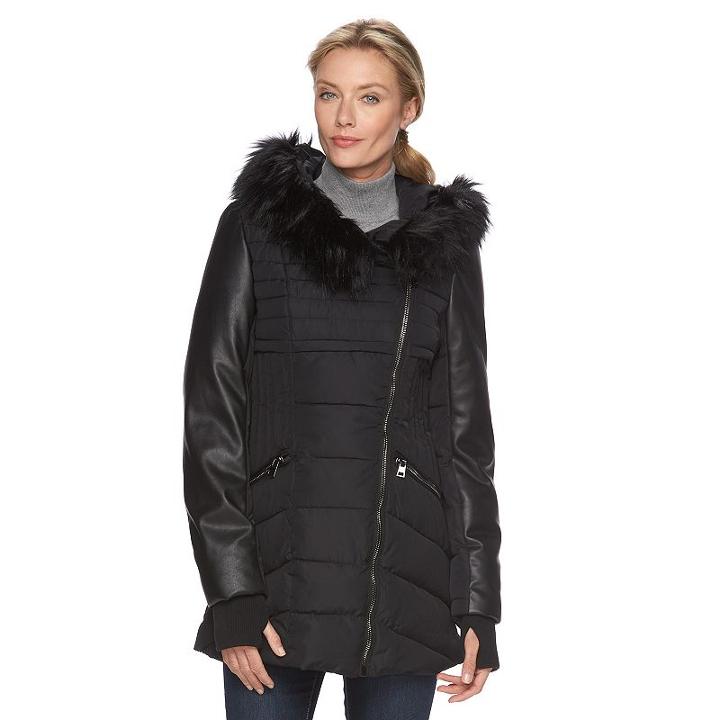 Women's Triple Star Hooded Mixed-media Puffer Parka, Size: Xl, Black