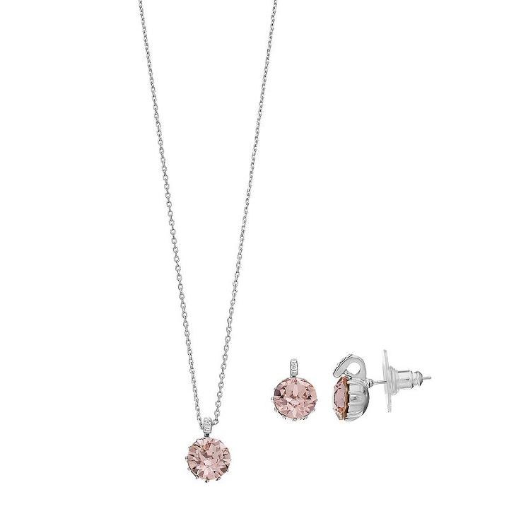 Brilliance Silver Plated Pendant & Stud Earring Set With Swarovski Crystals, Women's, Pink