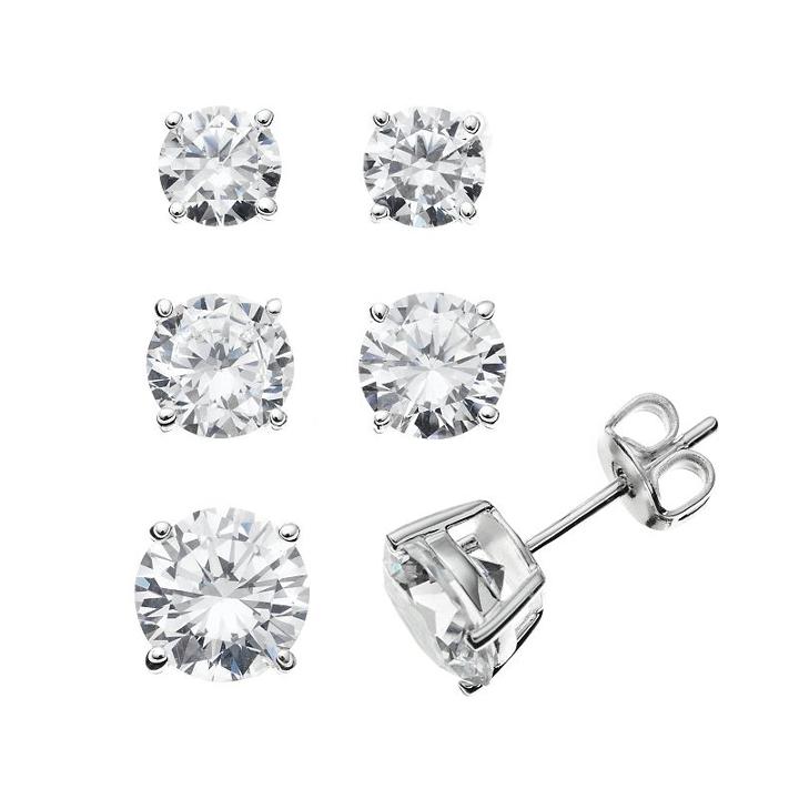 The Silver Lining Cubic Zirconia Silver Tone Stud Earring Set, Women's, White