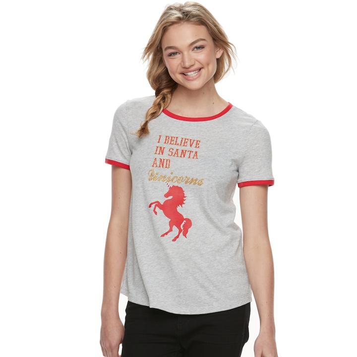 Juniors' So® Pajamas: Holiday Ringer Graphic Tee, Teens, Size: Medium, Med Grey