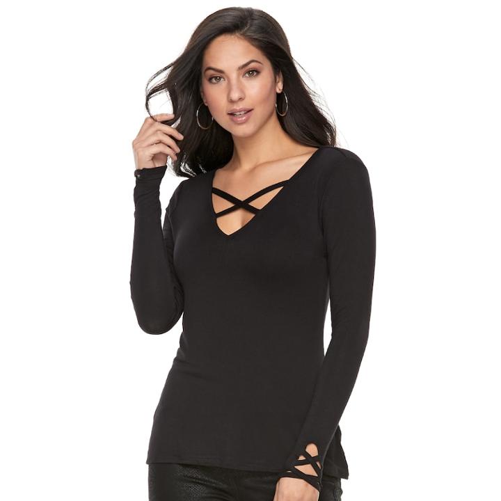 Women's Rock & Republic&reg; Crisscross Tee, Size: Medium, Black