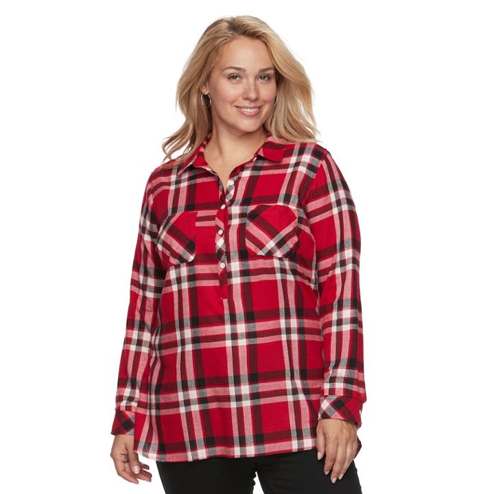 Plus Size Croft & Barrow&reg; Plaid Popover Top, Women's, Size: 3xl, Med Red