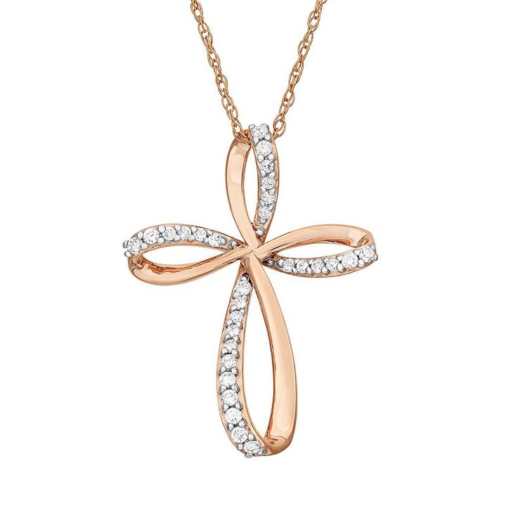 1/6 Carat T.w. Diamond 10k Rose Gold Ribbon Cross Pendant Necklace, Women's, Size: 18, White