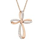 1/6 Carat T.w. Diamond 10k Rose Gold Ribbon Cross Pendant Necklace, Women's, Size: 18, White