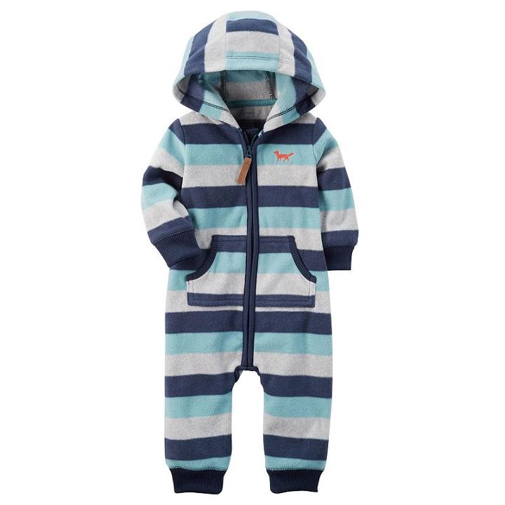 Baby Boy Carter's Striped Hooded Blue Fleece Jumpsuit, Size: 12 Months