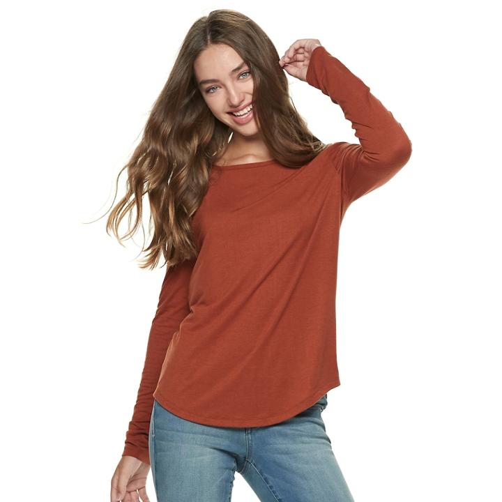 Juniors' Mudd&reg; Crewneck Long Sleeve Tee, Teens, Size: Xl, Med Brown