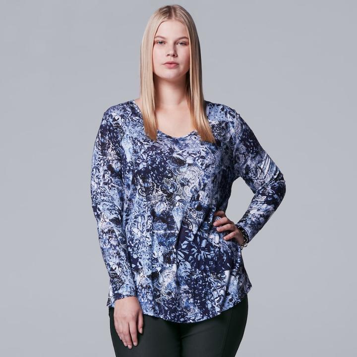 Plus Size Simply Vera Vera Wang Printed Tee, Women's, Size: 3xl, Dark Blue