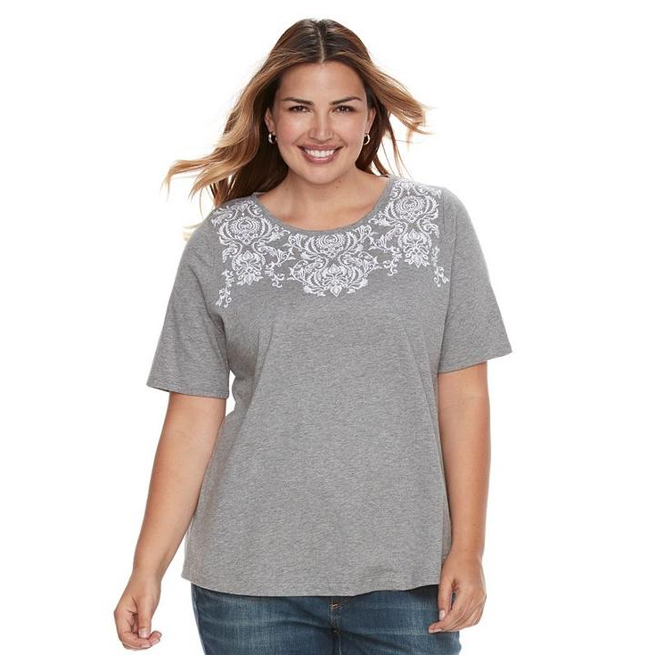 Plus Size Croft & Barrow&reg; Embroidered Scoopneck Tee, Women's, Size: 1xl, Med Grey
